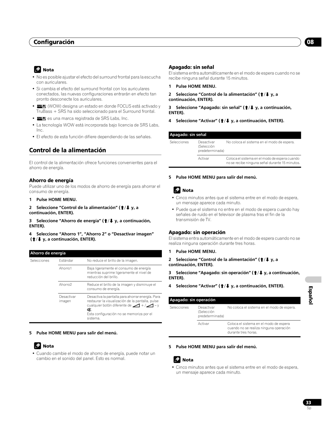 Pioneer PDP-4270XA Control de la alimentación, Ahorro de energía, Apagado sin señal, Apagado sin operación 