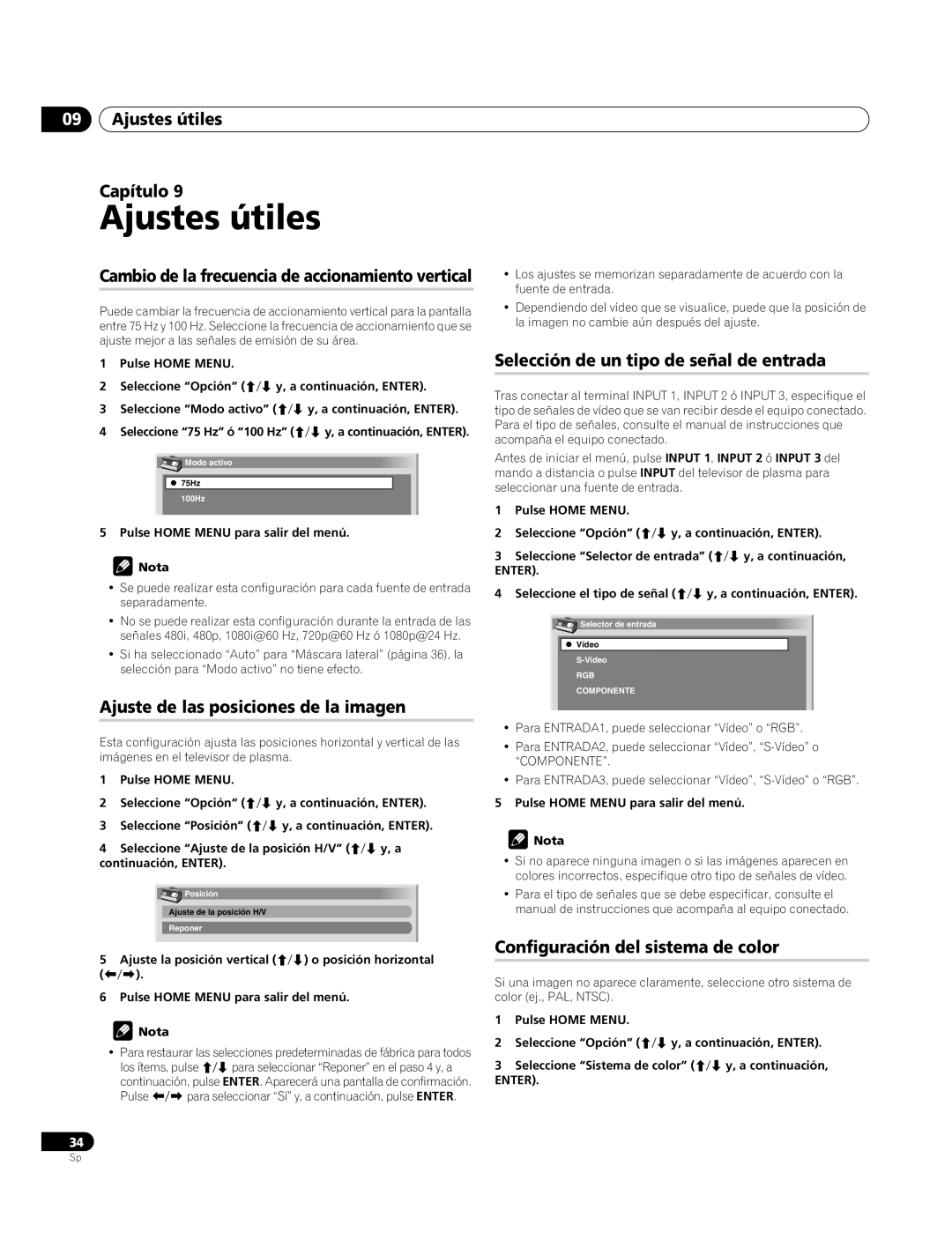 Pioneer PDP-4270XA Ajustes útiles Capítulo, Ajuste de las posiciones de la imagen, Configuración del sistema de color 