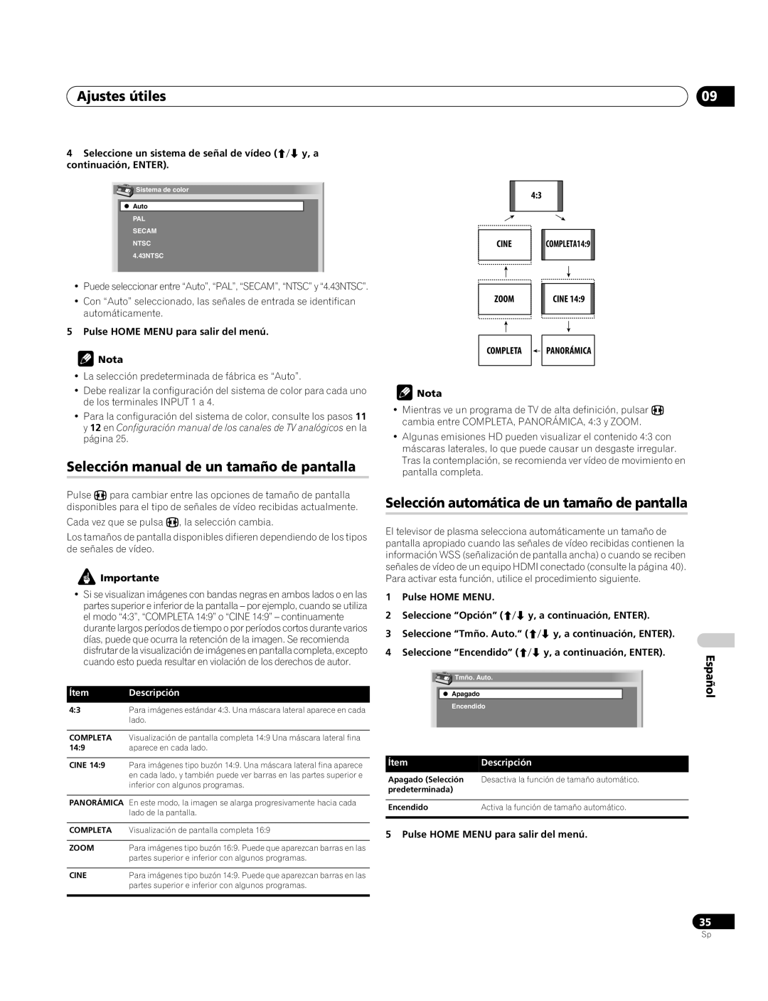 Pioneer PDP-4270XA operating instructions Ajustes útiles, Selección manual de un tamaño de pantalla, ÍtemDescripción 