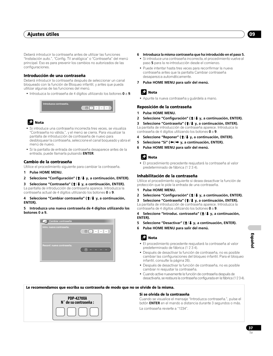 Pioneer PDP-4270XA Introducción de una contraseña, Cambio de la contraseña, Reposición de la contraseña 