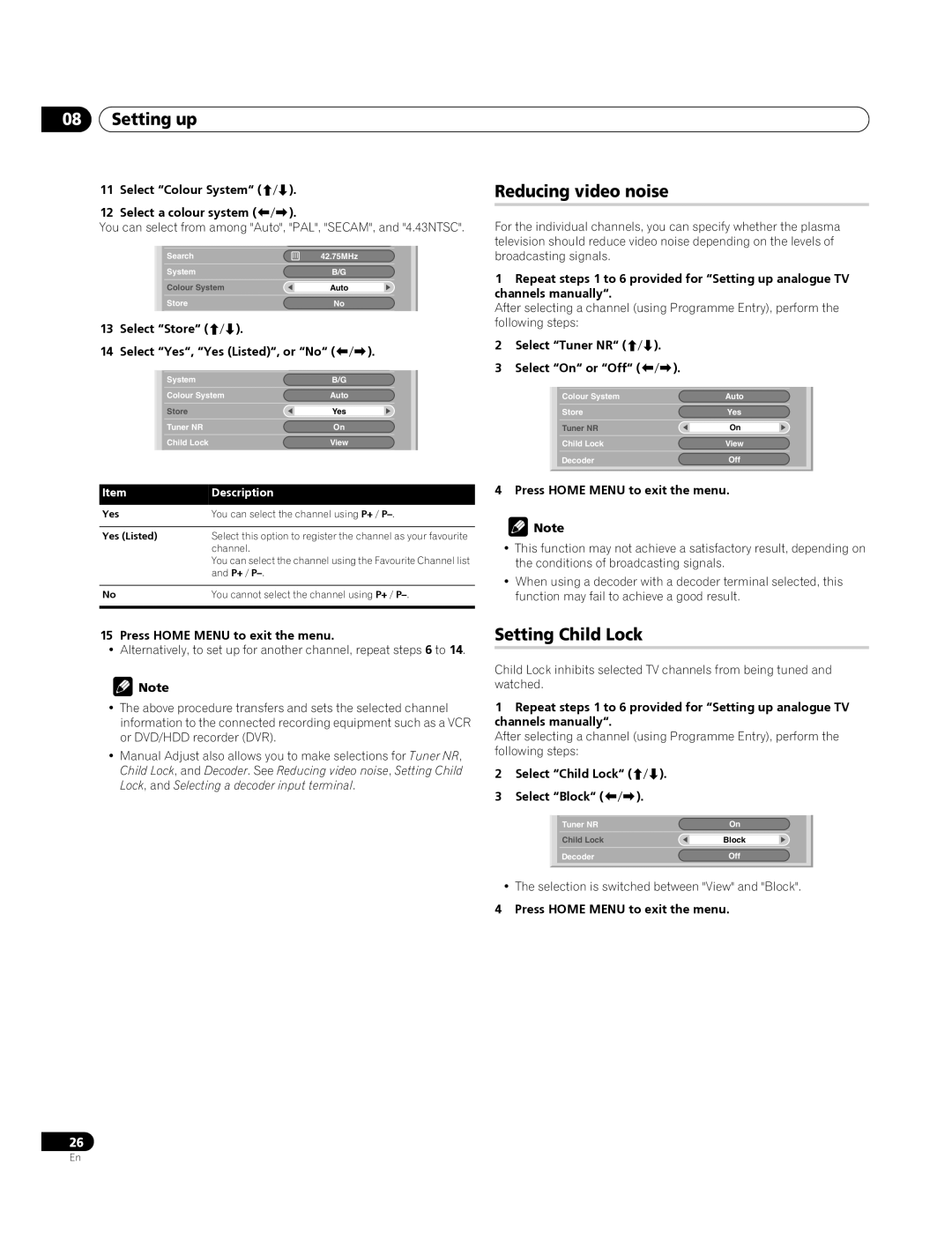 Pioneer PDP-4270XA operating instructions Setting up, Reducing video noise, Setting Child Lock, Description 