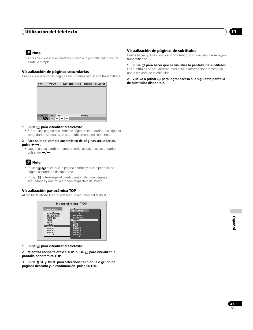 Pioneer PDP-4270XA Utilización del teletexto, Visualización de páginas secundarias, Visualización panorámica TOP 