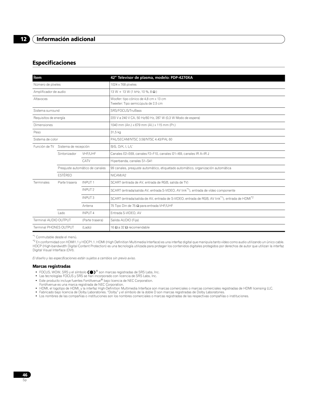 Pioneer Información adicional Especificaciones, Marcas registradas, Ítem Televisor de plasma, modelo PDP-4270XA 