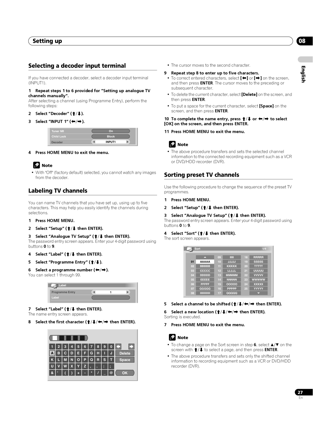 Pioneer PDP-4270XA Setting up Selecting a decoder input terminal, Labeling TV channels, Sorting preset TV channels 