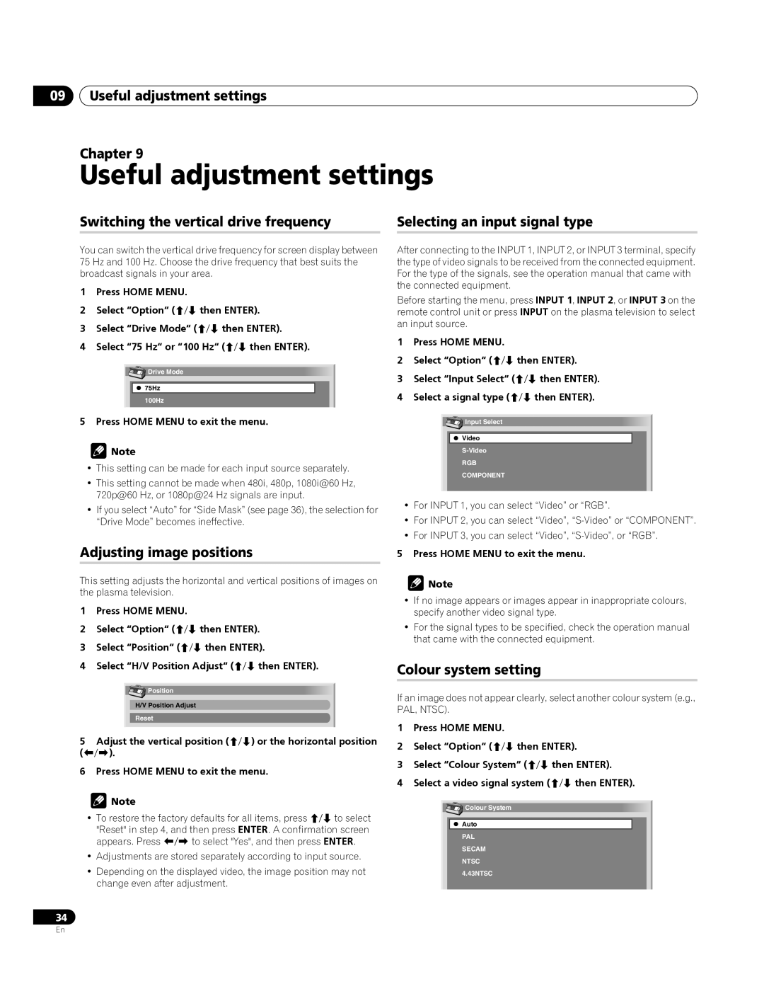 Pioneer PDP-4270XA Useful adjustment settings Chapter, Adjusting image positions, Colour system setting 