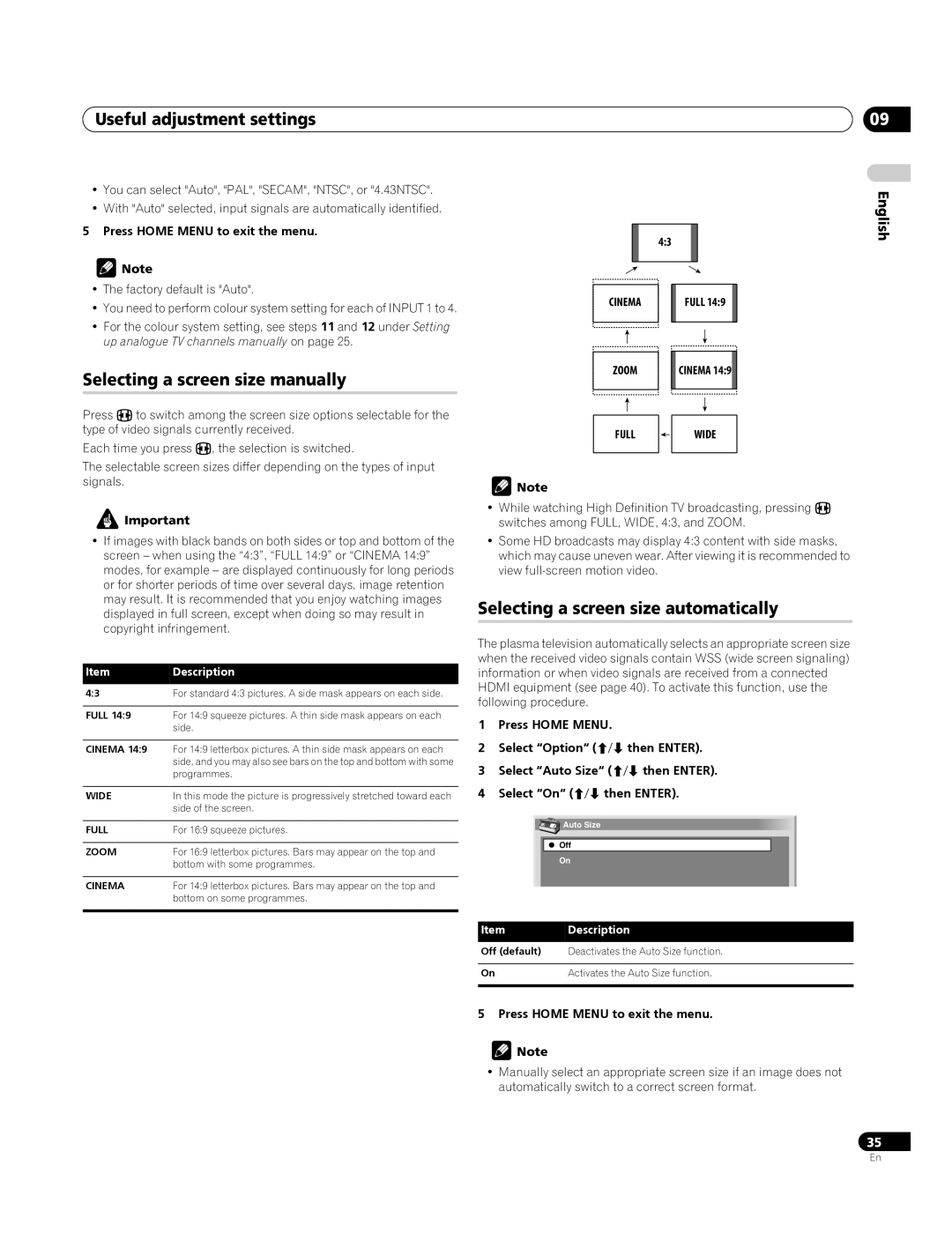 Pioneer PDP-4270XA Useful adjustment settings, Selecting a screen size manually, Selecting a screen size automatically 