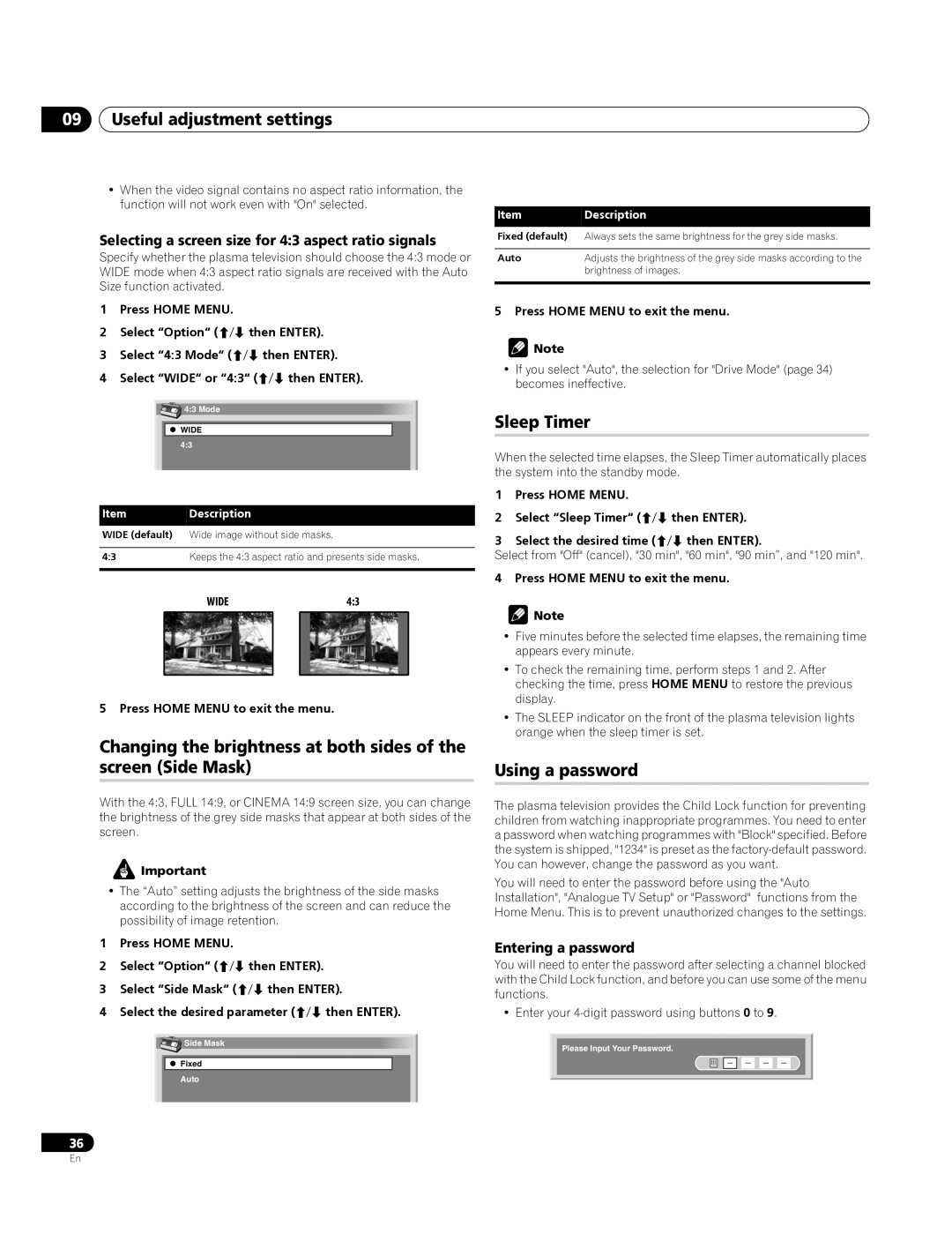 Pioneer PDP-4270XA Sleep Timer, Using a password, Selecting a screen size for 43 aspect ratio signals, Entering a password 