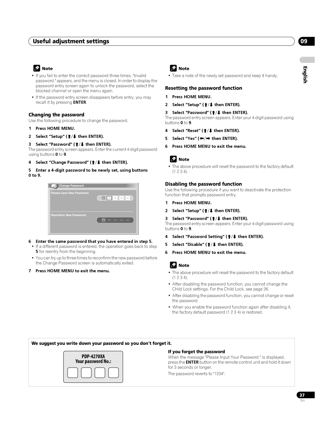 Pioneer PDP-4270XA Changing the password, Resetting the password function, Disabling the password function 