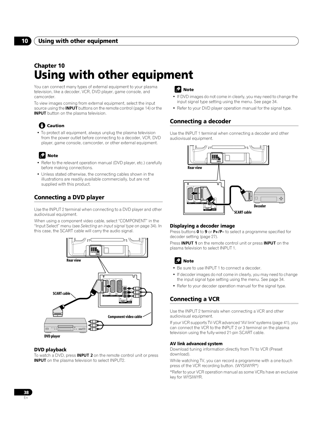 Pioneer PDP-4270XA Using with other equipment Chapter, Connecting a DVD player, Connecting a decoder, Connecting a VCR 