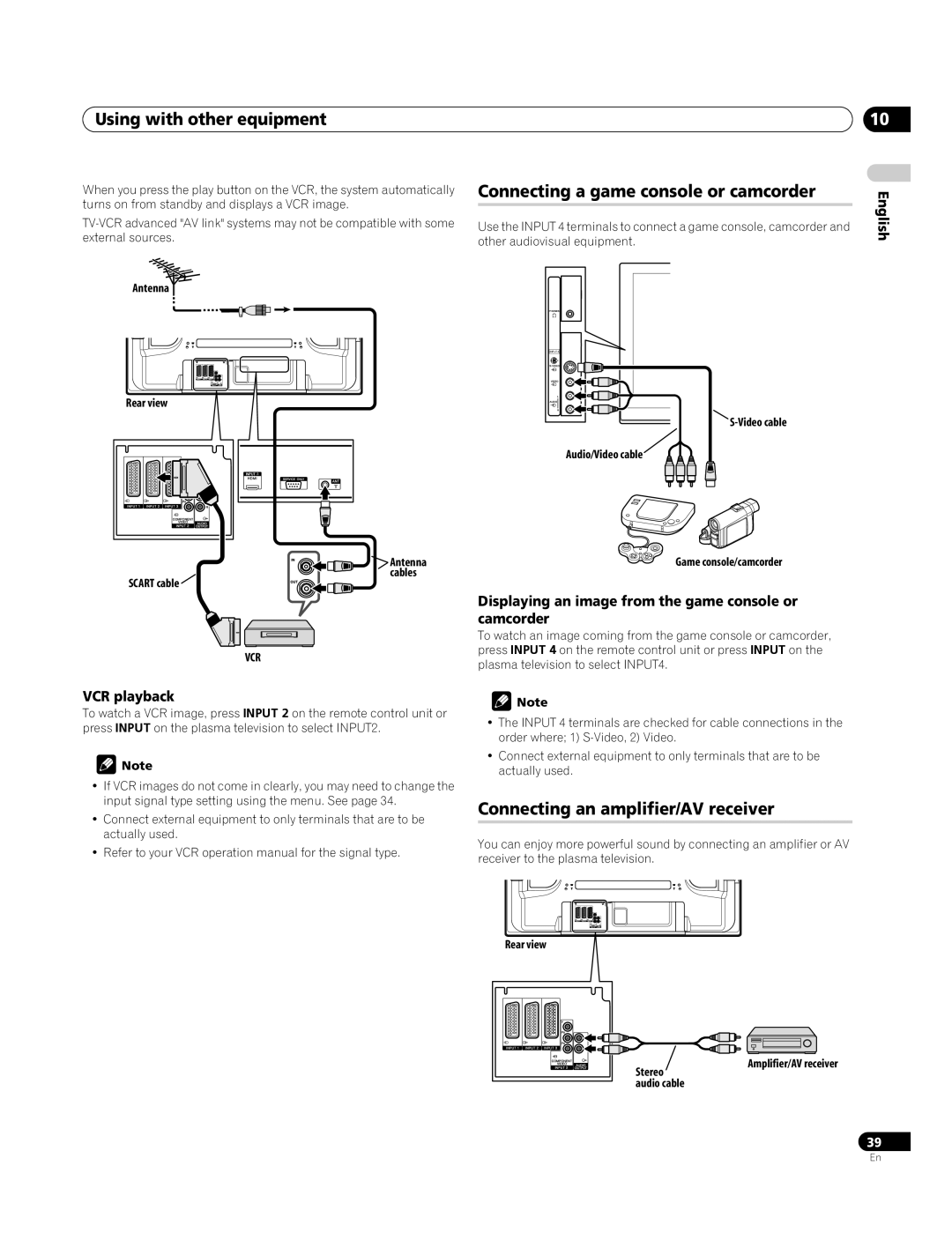 Pioneer PDP-4270XA Using with other equipment, Connecting a game console or camcorder, Connecting an amplifier/AV receiver 