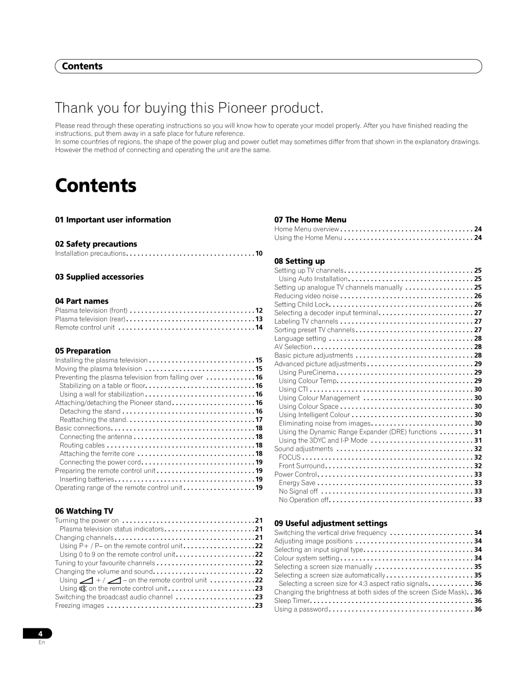 Pioneer PDP-4270XA operating instructions Contents 