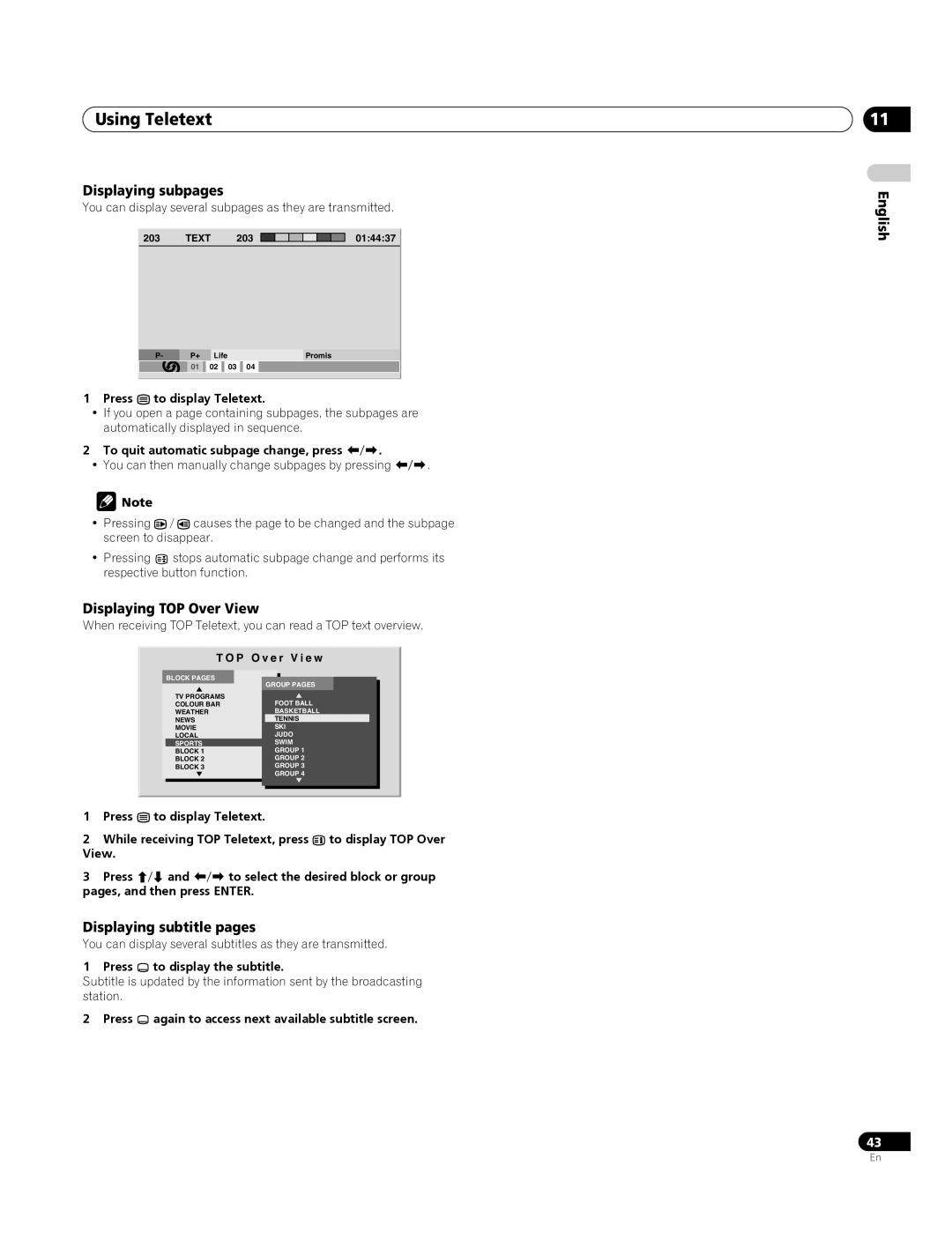 Pioneer PDP-4270XA Using Teletext, Displaying subpages, Displaying TOP Over View, Displaying subtitle pages 