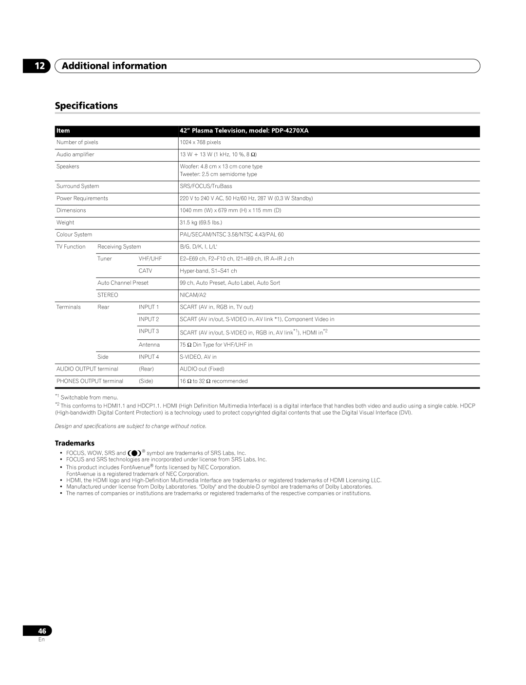 Pioneer operating instructions Additional information Specifications, Trademarks, Plasma Television, model PDP-4270XA 