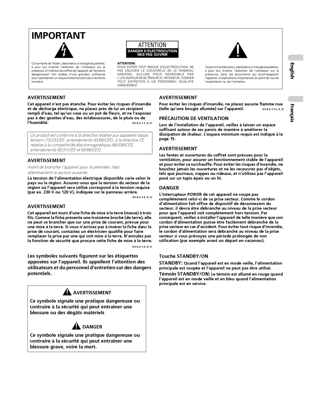 Pioneer PDP-4270XA operating instructions Touche STANDBY/ON, English Français 