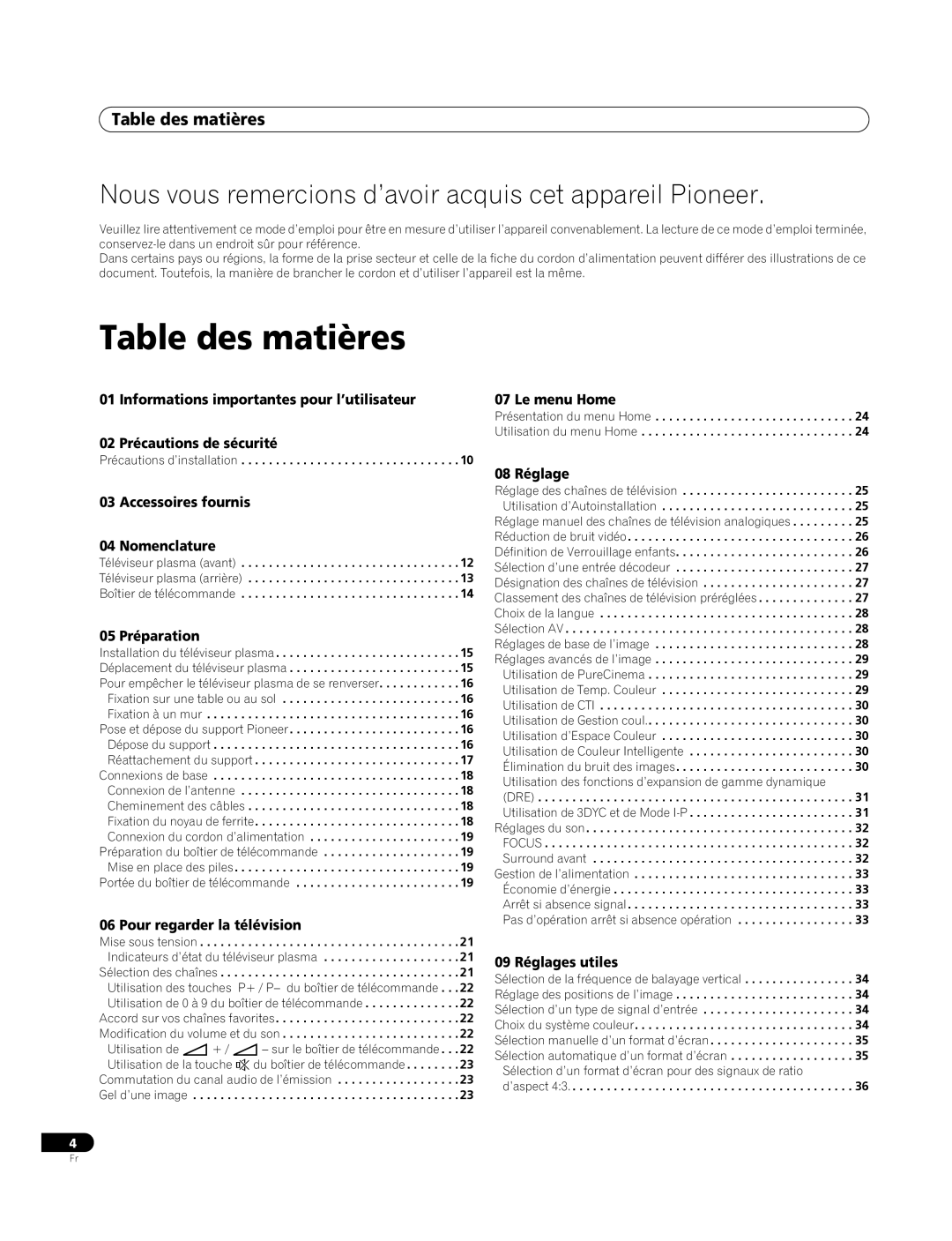 Pioneer PDP-4270XA operating instructions Table des matières 