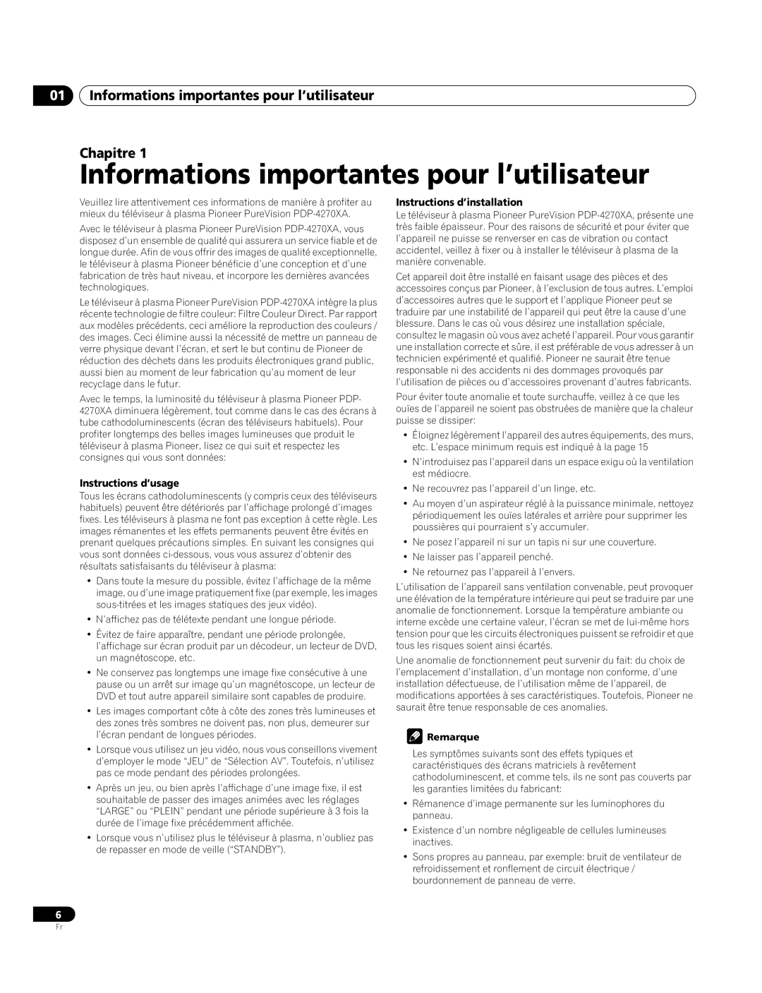 Pioneer PDP-4270XA Informations importantes pour l’utilisateur Chapitre, Instructions d’usage, Remarque 