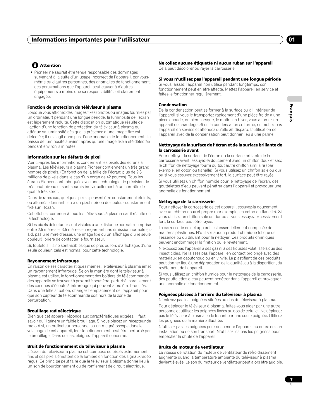 Pioneer PDP-4270XA operating instructions Informations importantes pour l’utilisateur 