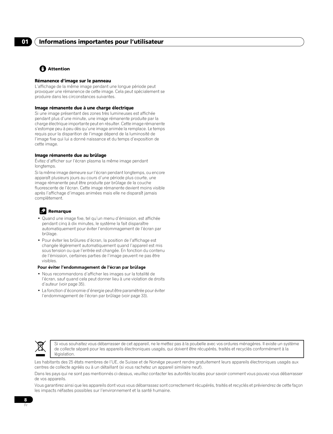 Pioneer PDP-4270XA operating instructions Rémanence d’image sur le panneau, Image rémanente due à une charge électrique 