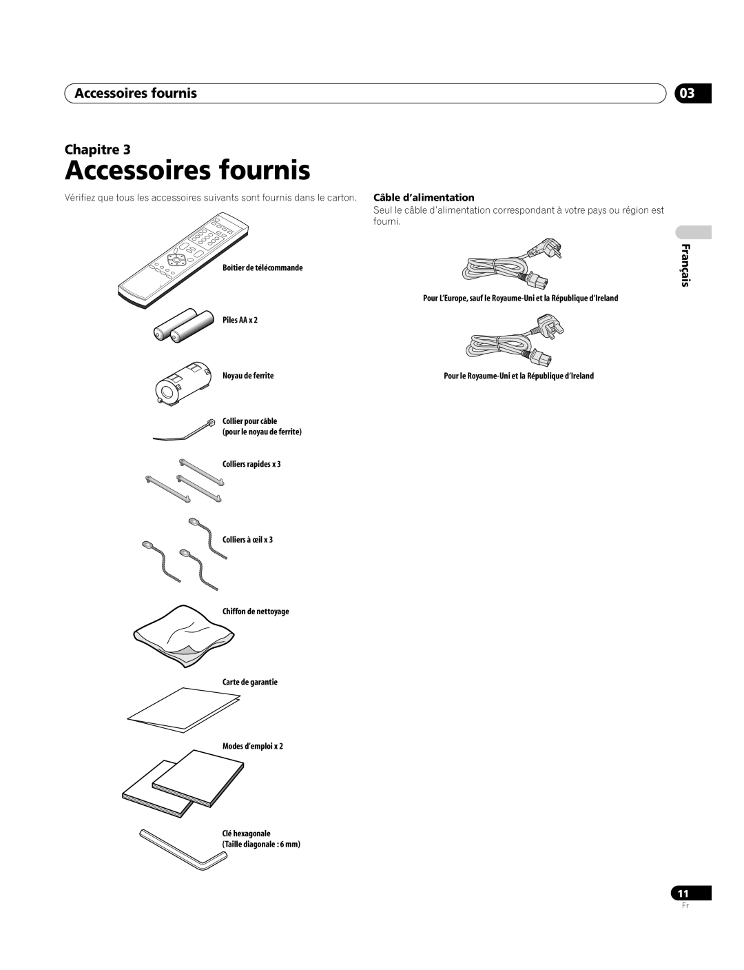 Pioneer PDP-4270XA operating instructions Accessoires fournis Chapitre, Pour le Royaume-Uni et la République d’Ireland 