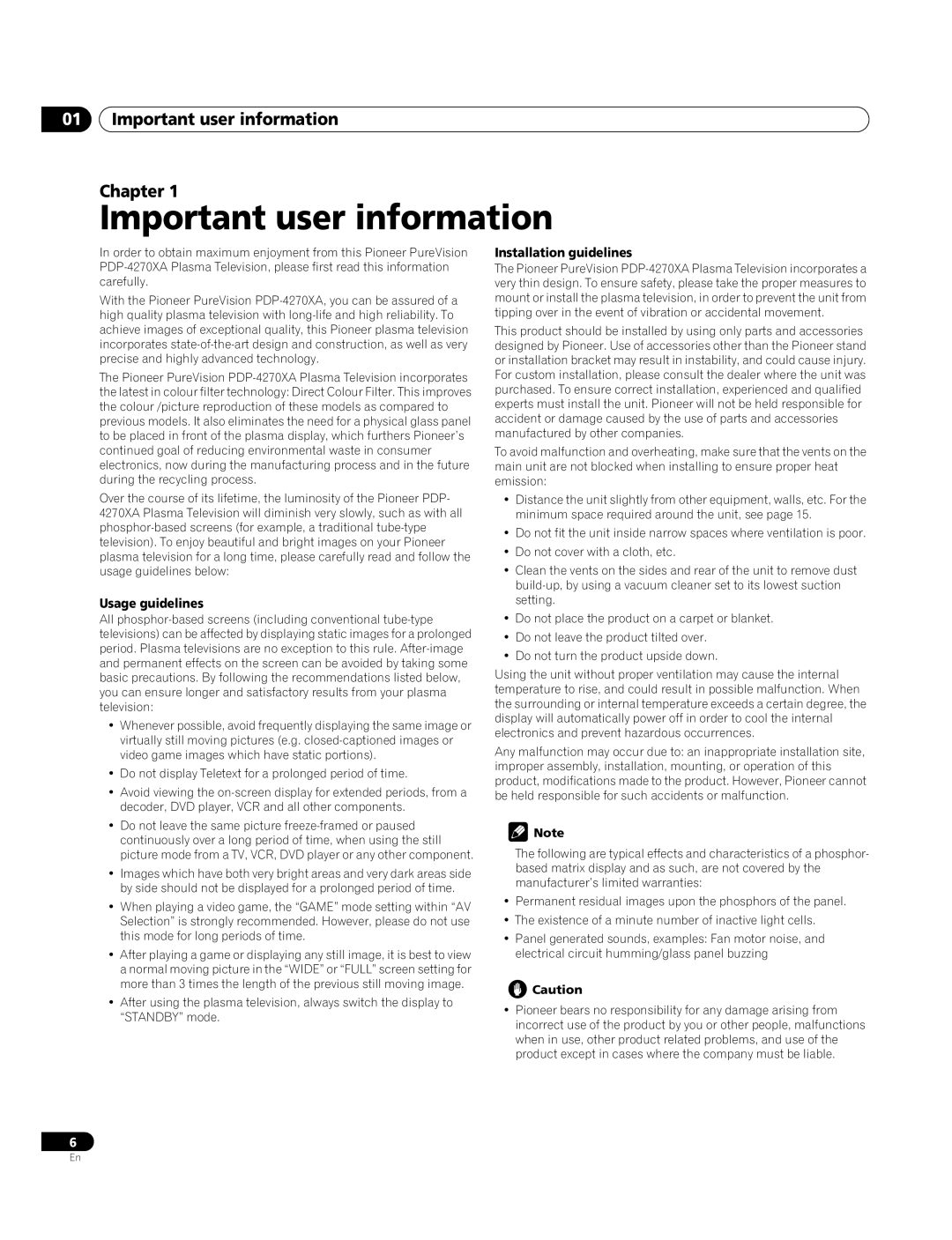 Pioneer PDP-4270XA operating instructions Important user information Chapter, Usage guidelines, Installation guidelines 