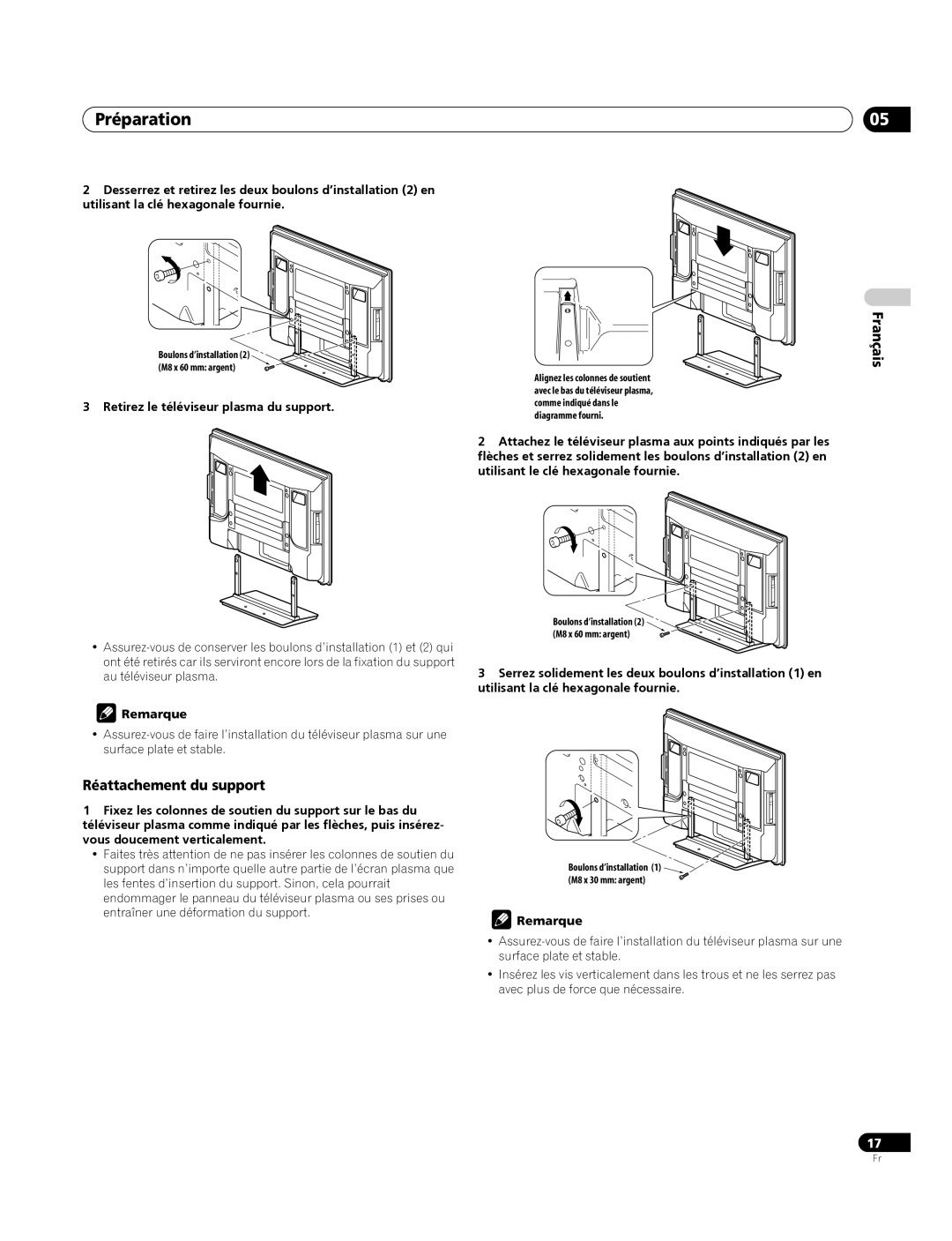 Pioneer PDP-4270XA operating instructions Préparation, Réattachement du support, Retirez le téléviseur plasma du support 