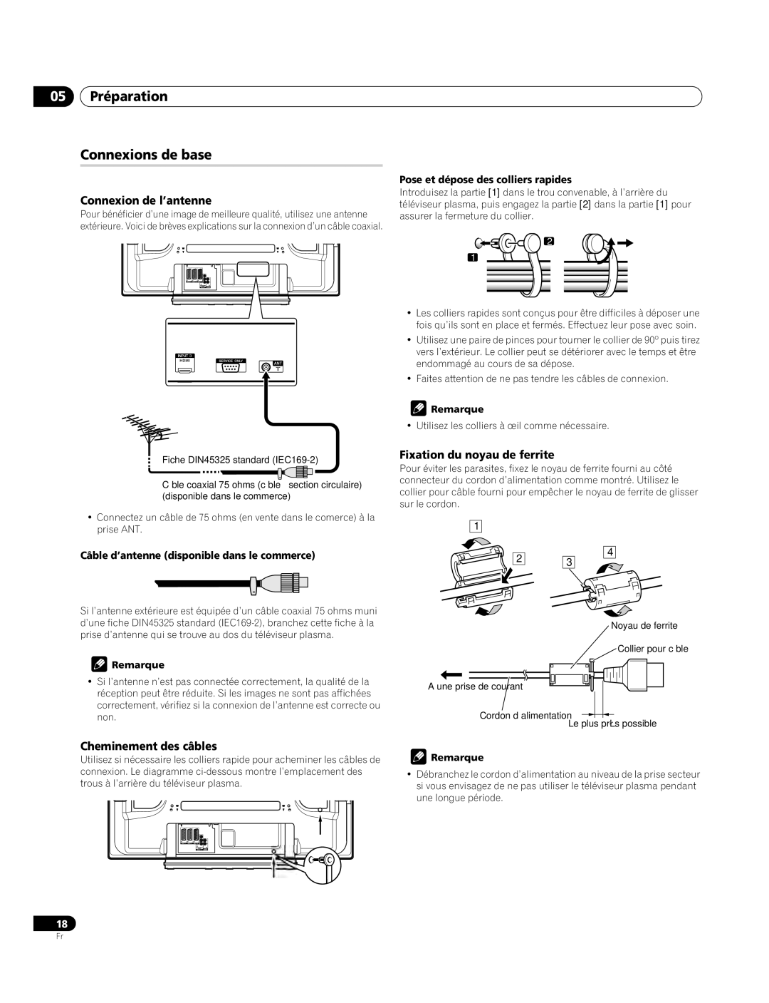 Pioneer PDP-4270XA 05 Préparation Connexions de base, Connexion de l’antenne, Fixation du noyau de ferrite 