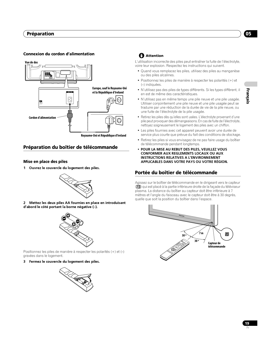 Pioneer PDP-4270XA Préparation du boîtier de télécommande, Portée du boîtier de télécommande, Mise en place des piles 