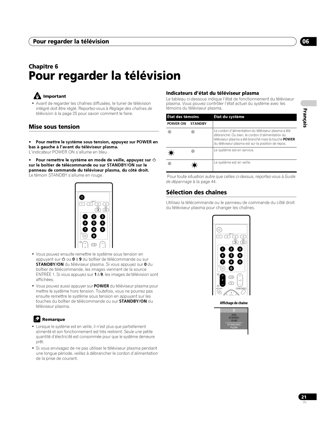 Pioneer PDP-4270XA Pour regarder la télévision Chapitre, Mise sous tension, Sélection des chaînes 