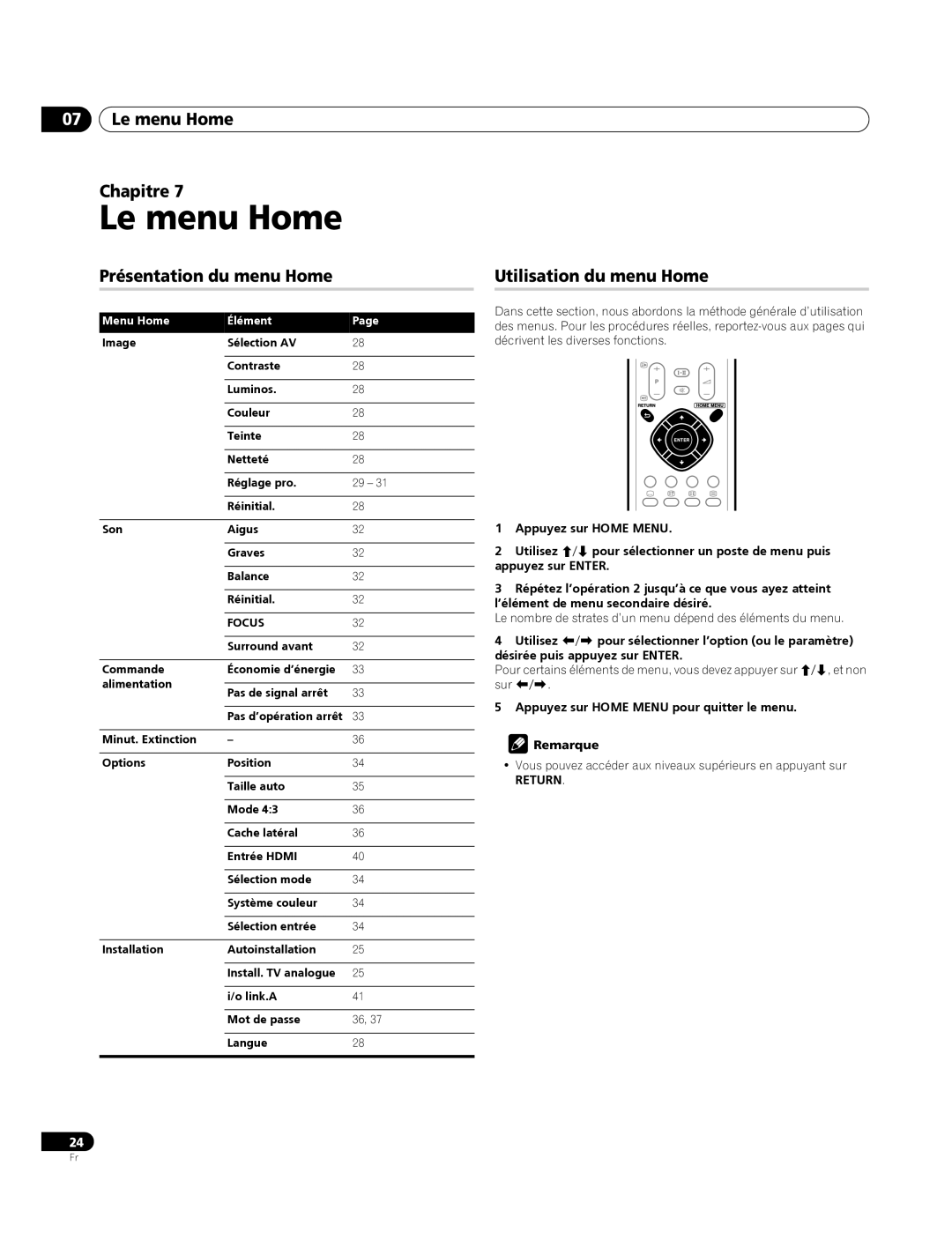 Pioneer PDP-4270XA Le menu Home Chapitre, Présentation du menu Home, Utilisation du menu Home, Menu Home Élément 