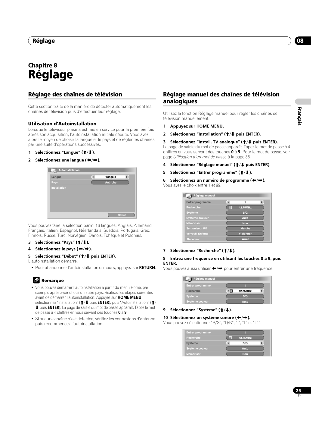 Pioneer PDP-4270XA Réglage Chapitre, Réglage des chaînes de télévision, Utilisation d’Autoinstallation 