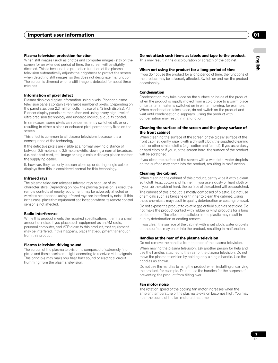 Pioneer PDP-4270XA operating instructions Important user information 