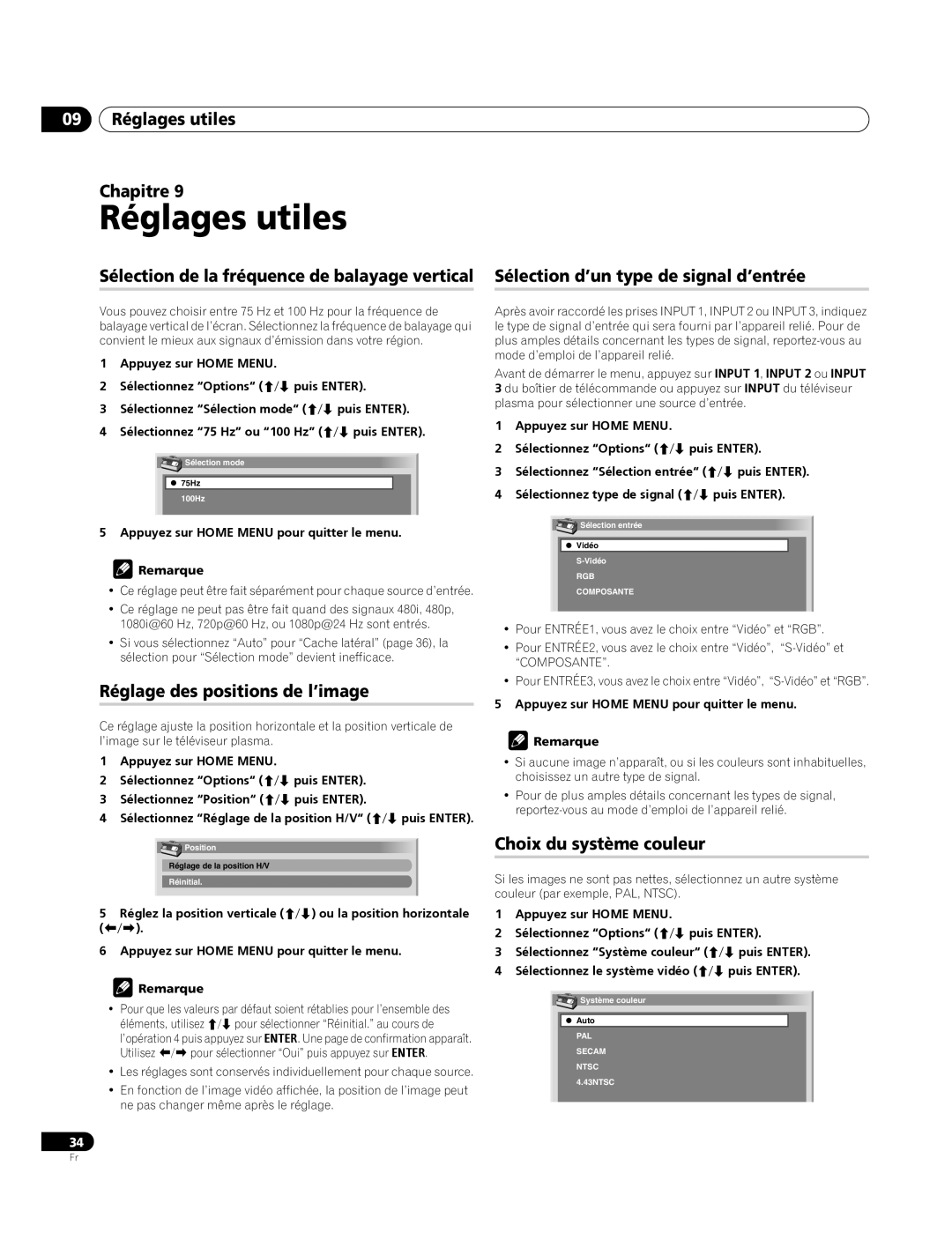 Pioneer PDP-4270XA 09 Réglages utiles Chapitre, Réglage des positions de l’image, Choix du système couleur 