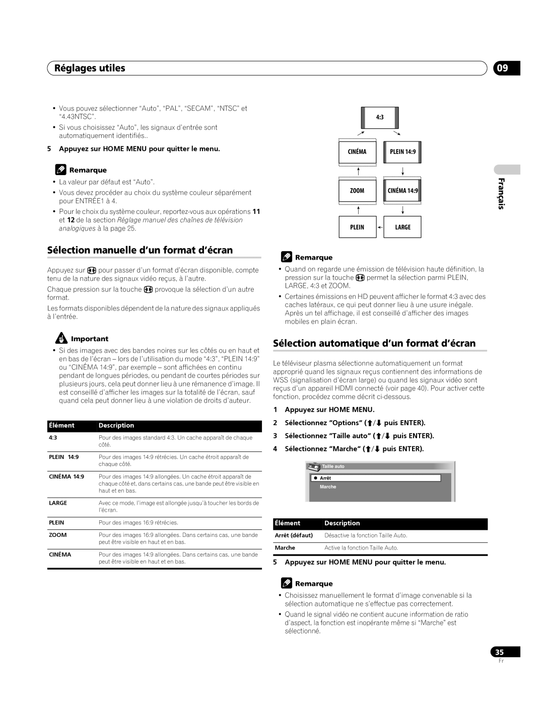 Pioneer PDP-4270XA Réglages utiles, Sélection manuelle d’un format d’écran, Sélection automatique d’un format d’écran 