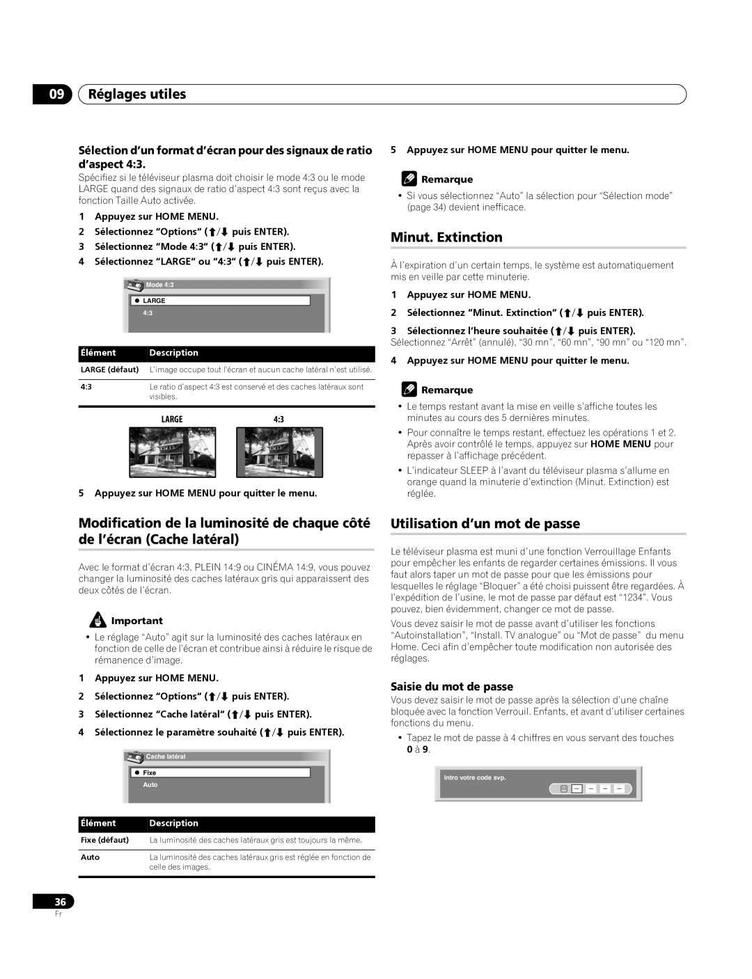 Pioneer PDP-4270XA 09 Réglages utiles, Minut. Extinction, Utilisation d’un mot de passe, Saisie du mot de passe, Visibles 