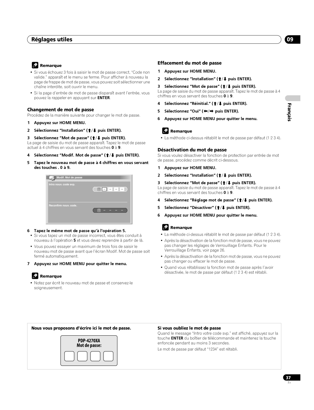 Pioneer PDP-4270XA Changement de mot de passe, Effacement du mot de passe, Désactivation du mot de passe 