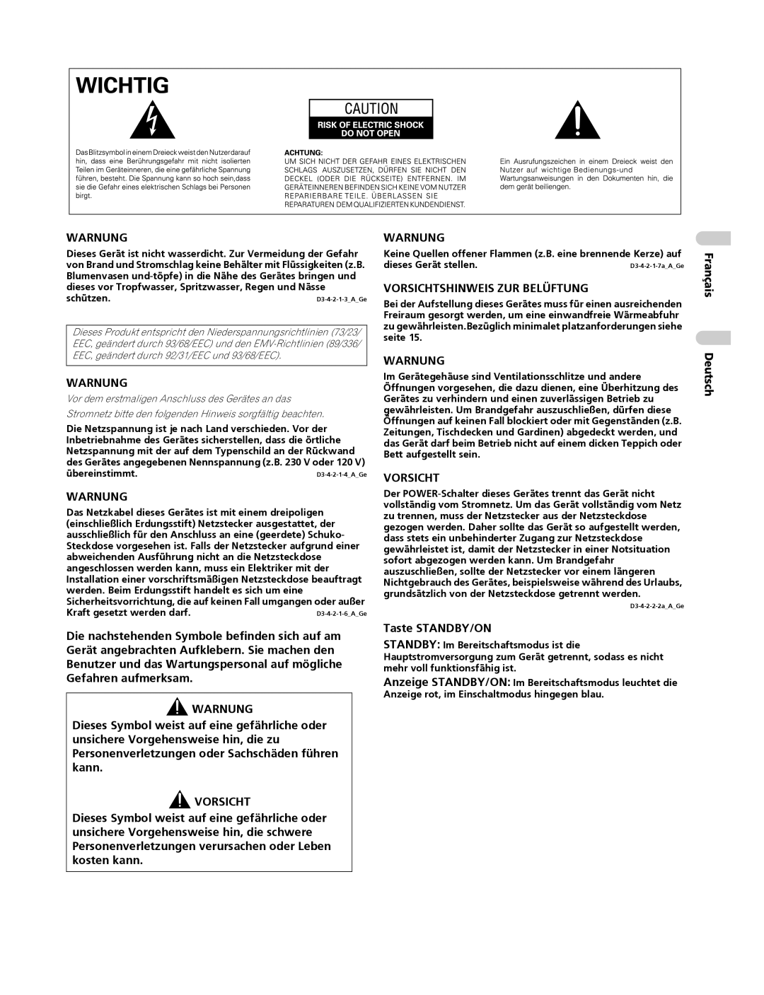 Pioneer PDP-4270XA operating instructions Taste STANDBY/ON, Français Deutsch 