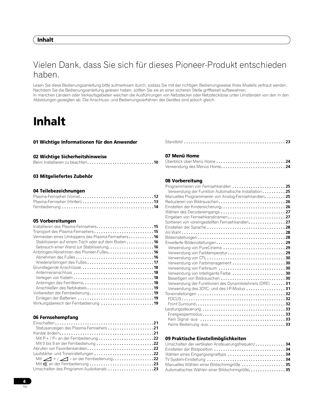 Pioneer PDP-4270XA operating instructions Inhalt 