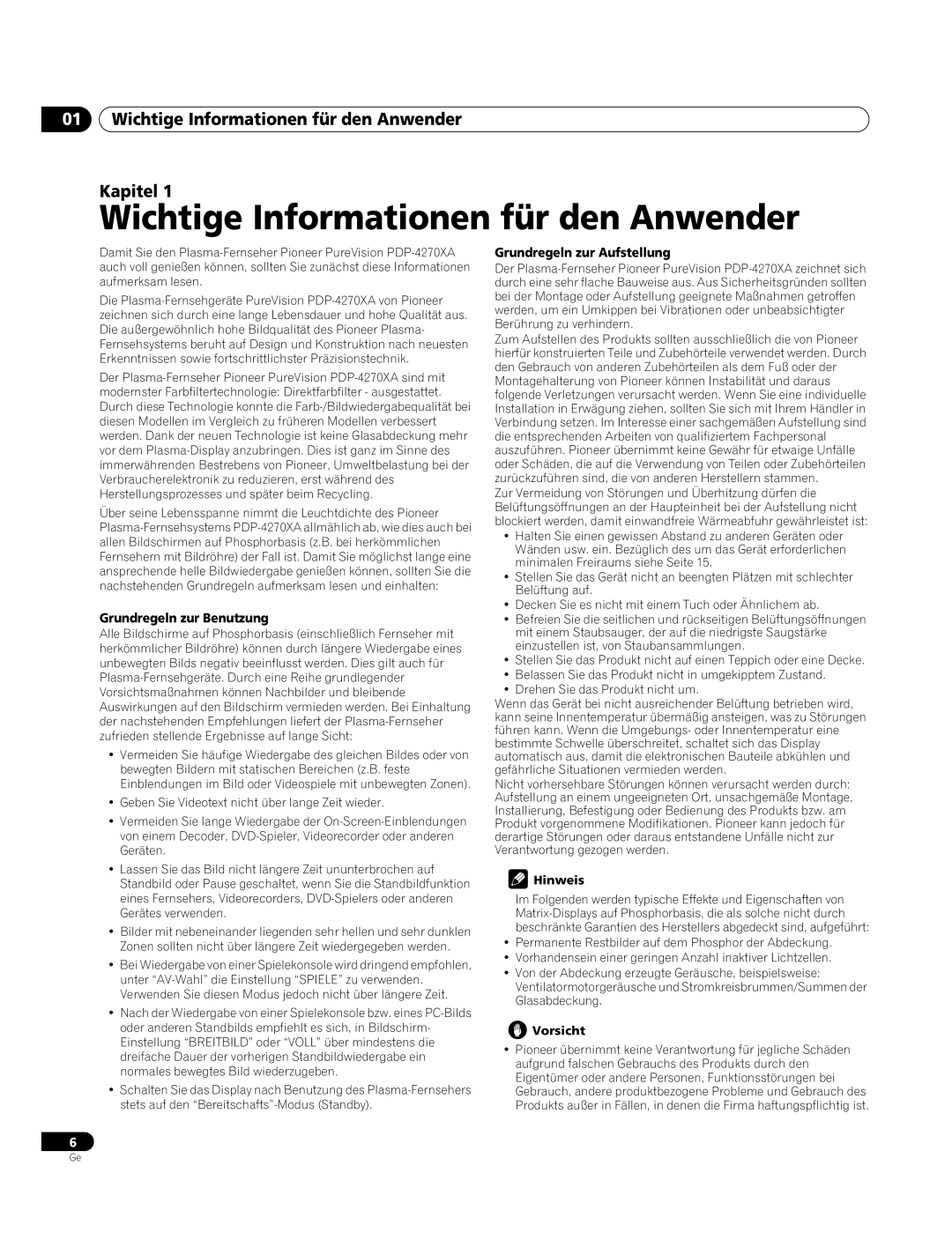 Pioneer PDP-4270XA operating instructions Wichtige Informationen für den Anwender Kapitel, Grundregeln zur Benutzung 