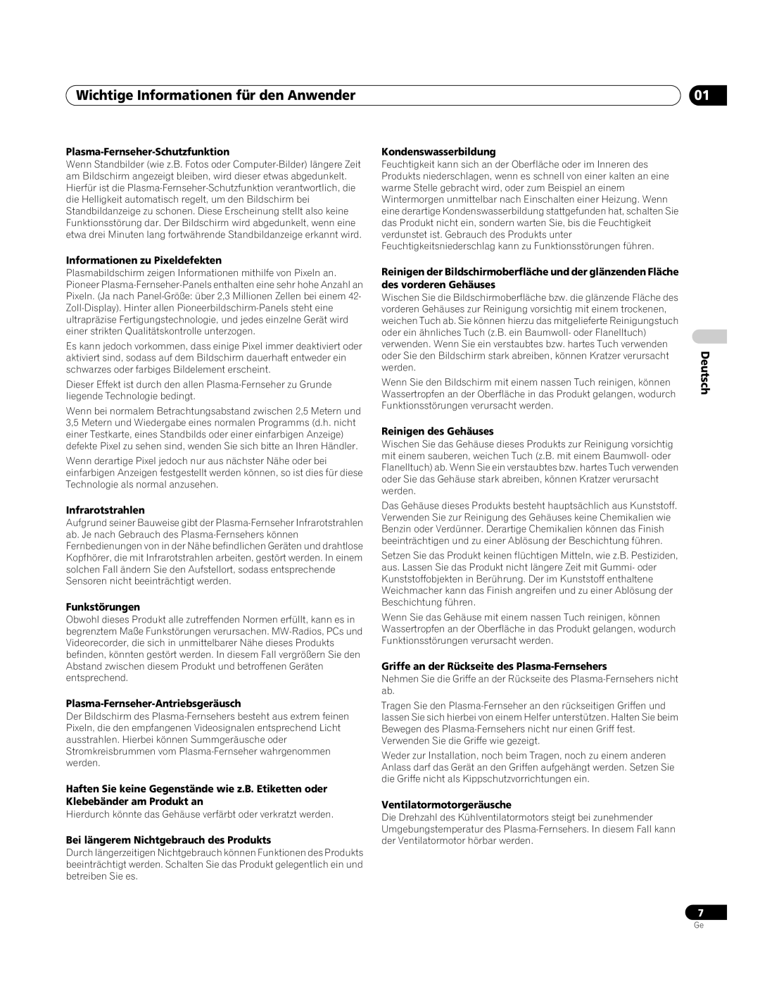 Pioneer PDP-4270XA operating instructions Wichtige Informationen für den Anwender 