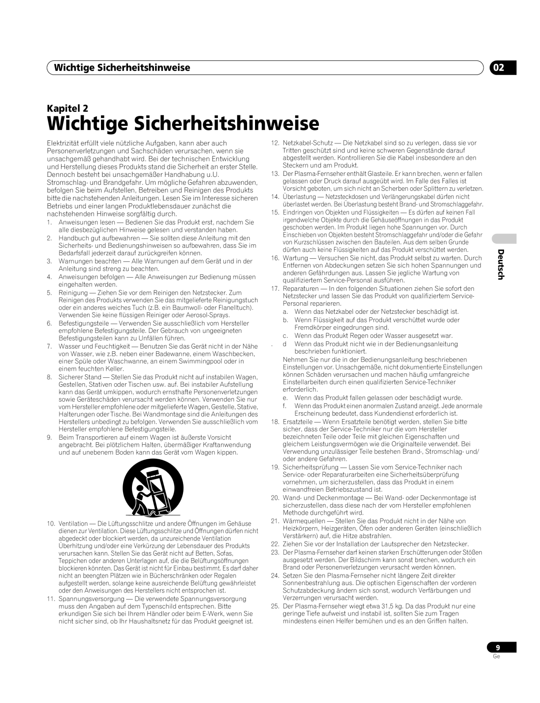 Pioneer PDP-4270XA operating instructions Wichtige Sicherheitshinweise Kapitel 