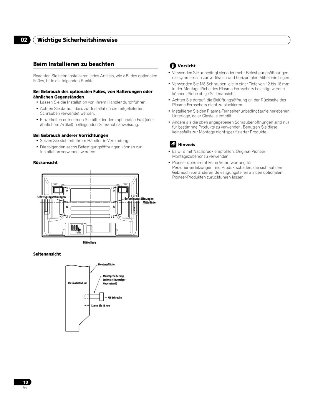 Pioneer PDP-4270XA Wichtige Sicherheitshinweise Beim Installieren zu beachten, Bei Gebrauch anderer Vorrichtungen 