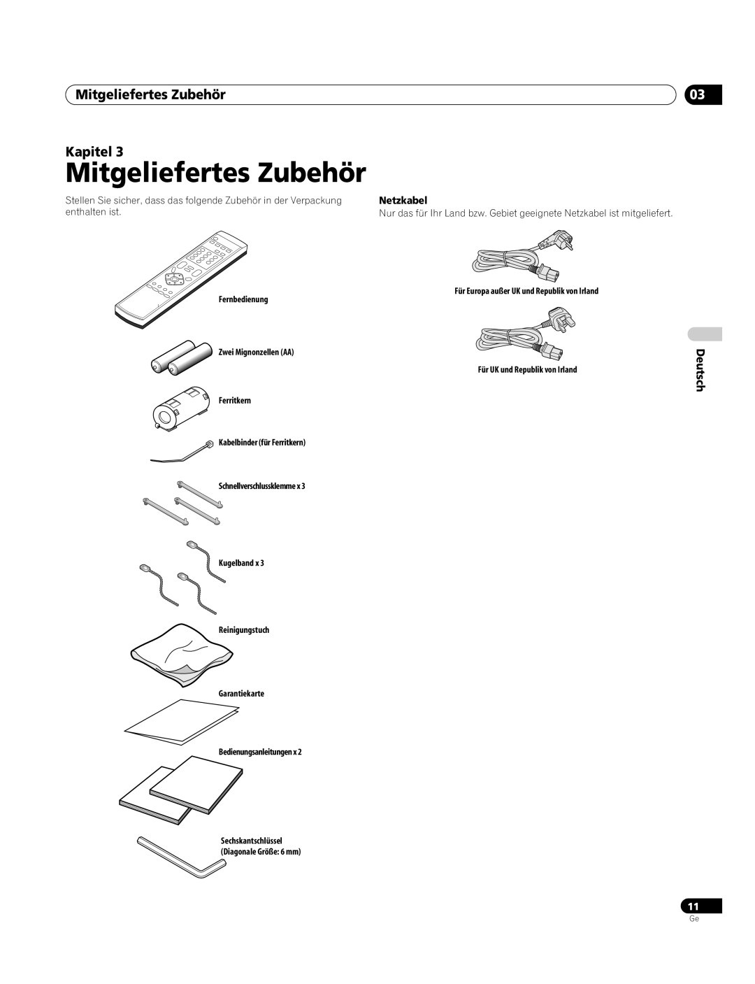 Pioneer PDP-4270XA operating instructions Mitgeliefertes Zubehör Kapitel, Netzkabel 