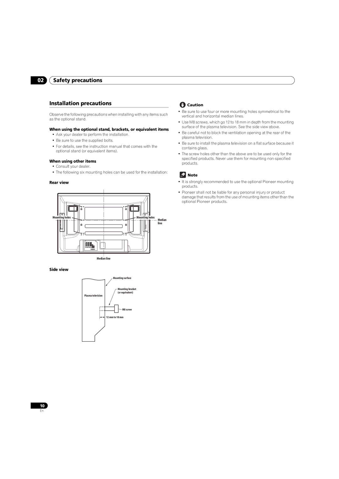 Pioneer PDP-4270XD manual Safety precautions Installation precautions, When using other items, Rear view, Side view 