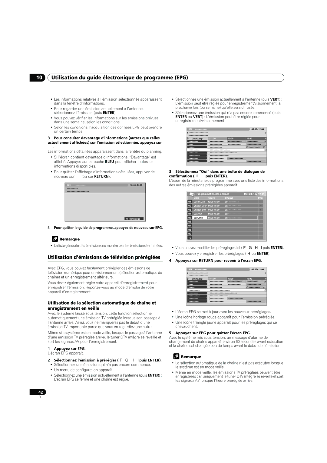 Pioneer PDP-4270XD manual Utilisation d’émissions de télévision préréglées, Appuyez sur Return pour revenir à l’écran EPG 