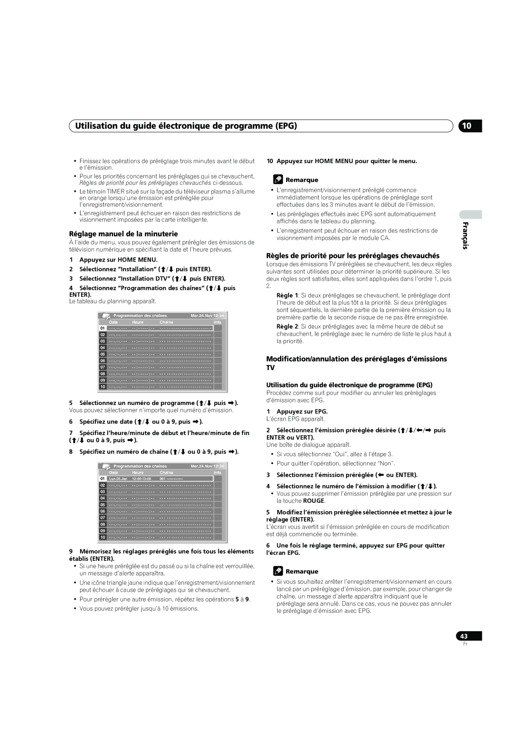 Pioneer PDP-4270XD manual Réglage manuel de la minuterie, Règles de priorité pour les préréglages chevauchés 