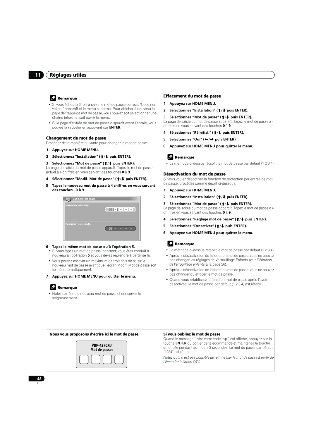 Pioneer PDP-4270XD manual Changement de mot de passe, Effacement du mot de passe, Désactivation du mot de passe 