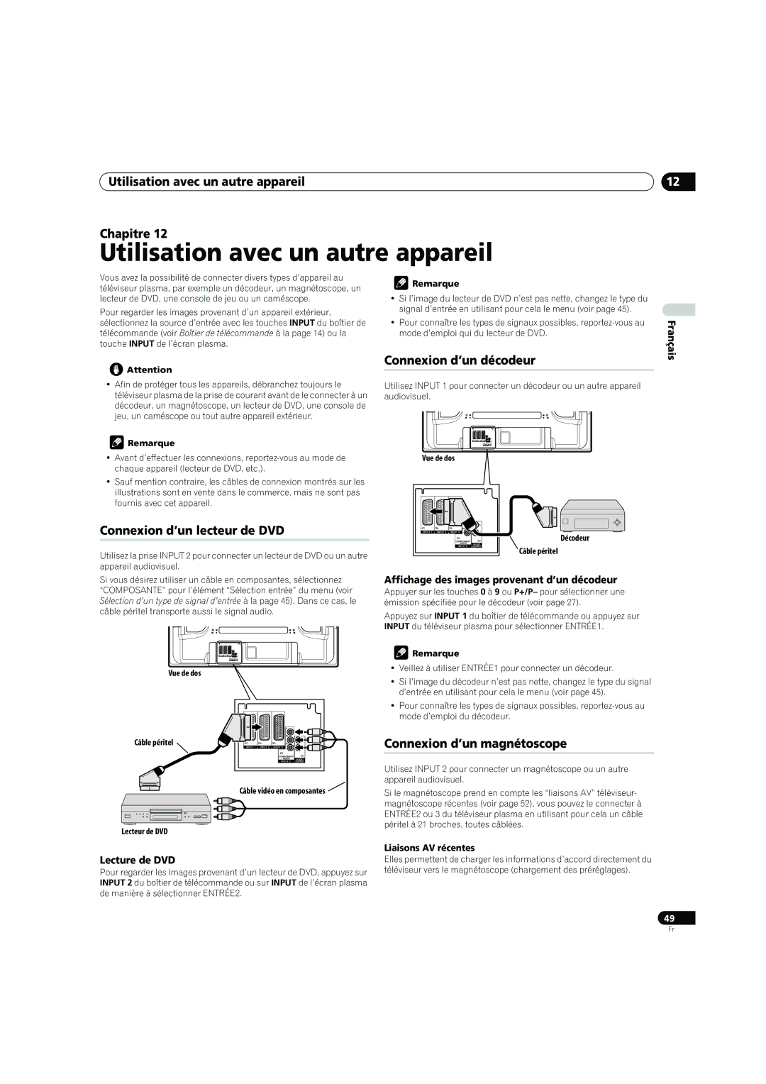 Pioneer PDP-4270XD Utilisation avec un autre appareil Chapitre, Connexion d’un décodeur, Connexion d’un lecteur de DVD 