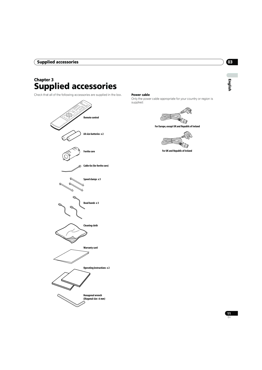 Pioneer PDP-4270XD manual Supplied accessories Chapter, English Power cable 