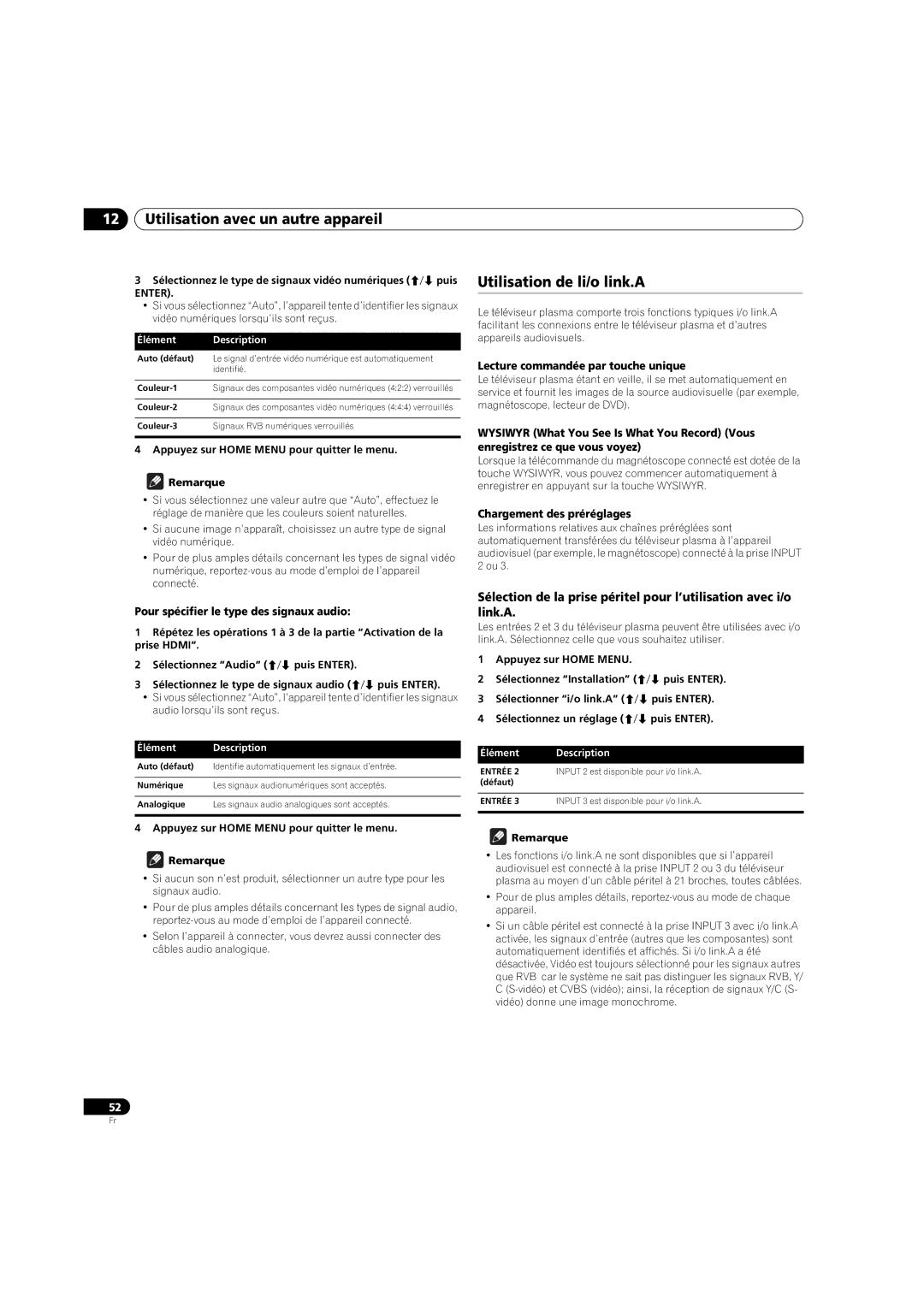 Pioneer PDP-4270XD manual Utilisation de li/o link.A, Pour spécifier le type des signaux audio, Chargement des préréglages 