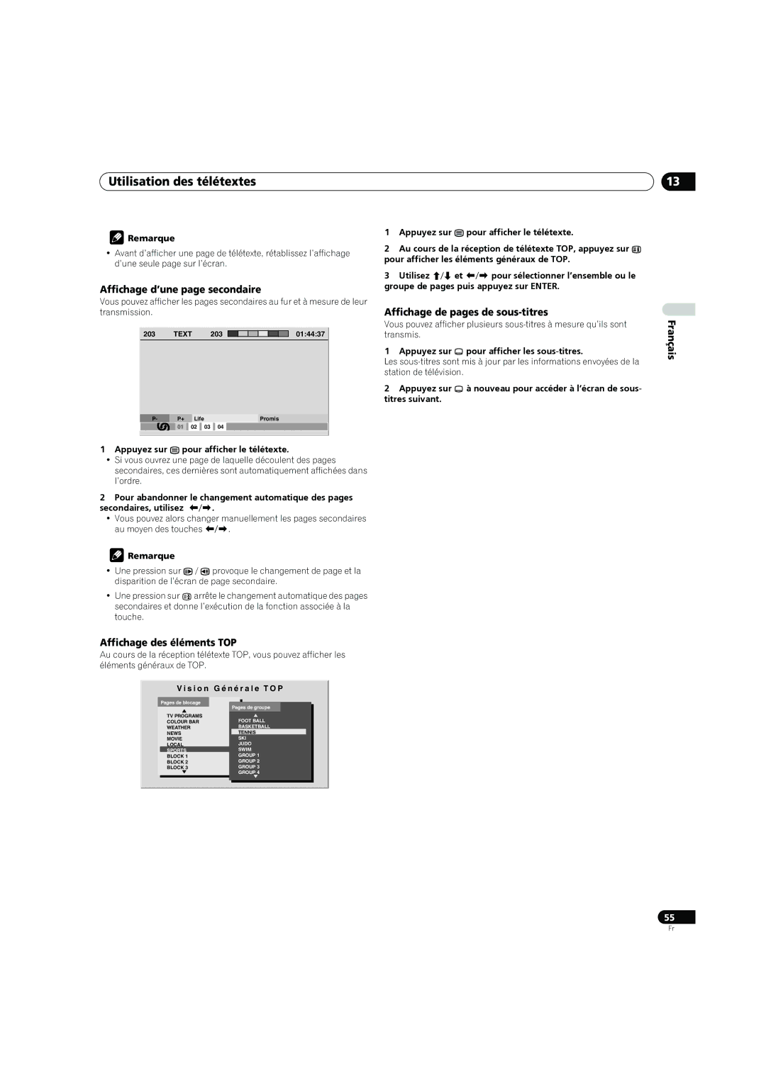 Pioneer PDP-4270XD manual Utilisation des télétextes, Affichage d’une page secondaire, Affichage des éléments TOP 